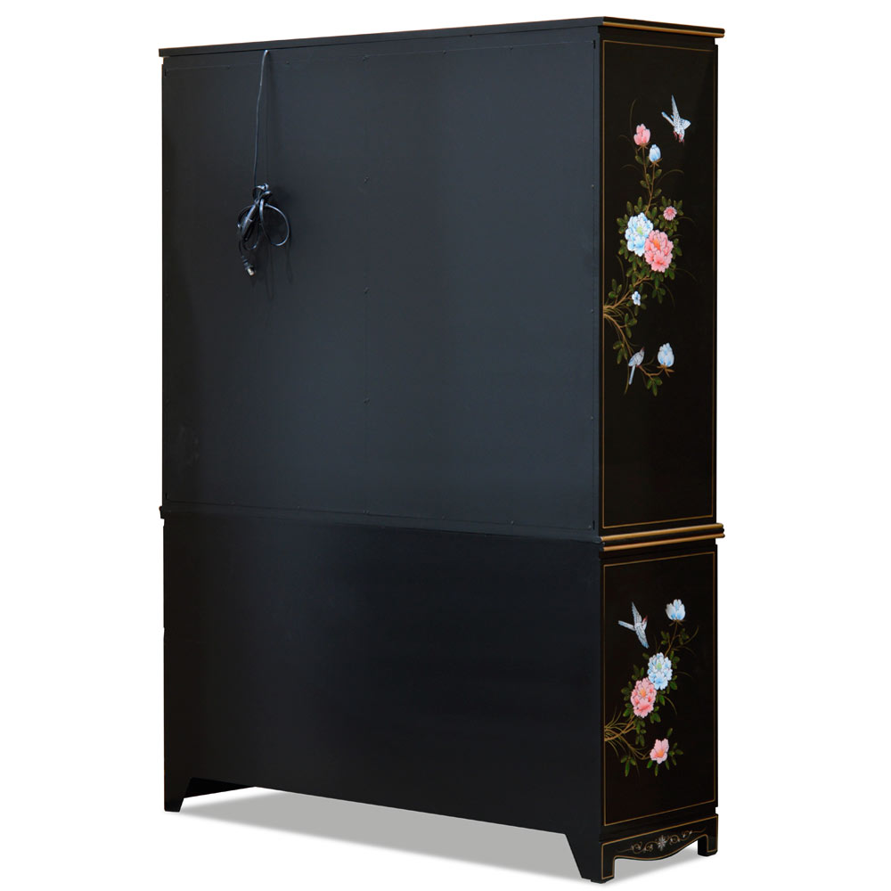 Black Lacquer Oriental China Cabinet with Mother of Pearl Maidens