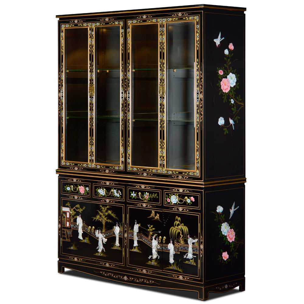 Black Lacquer Oriental China Cabinet with Mother of Pearl Maidens