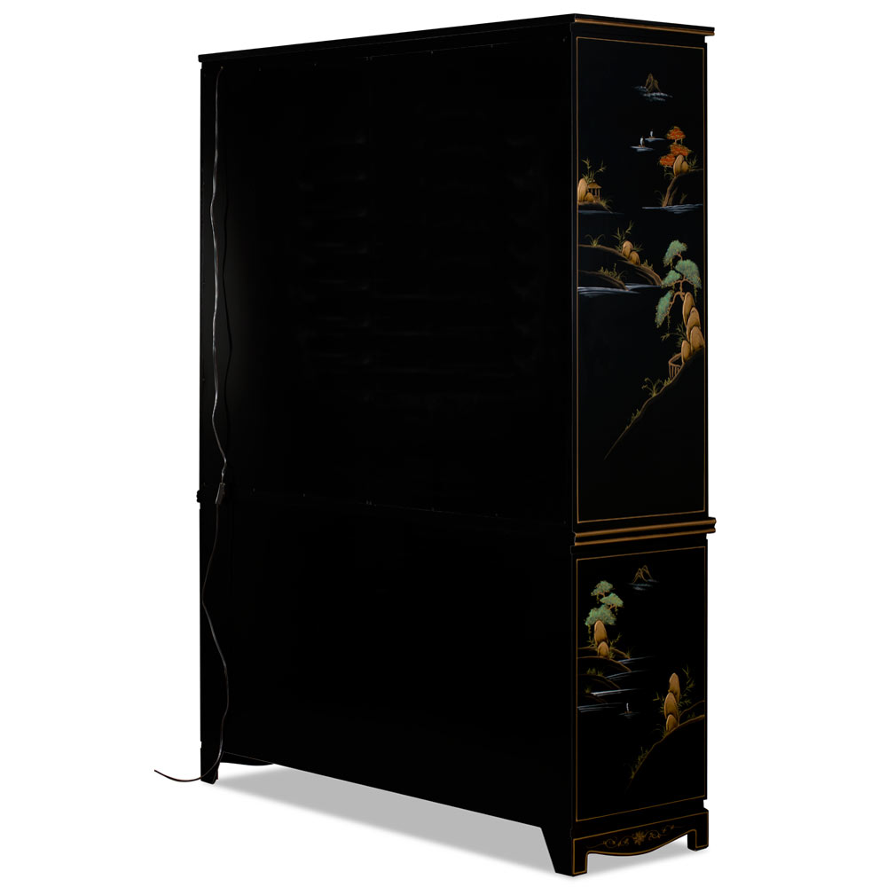 60in Black Lacquer Chinoiserie Oriental China Cabinet