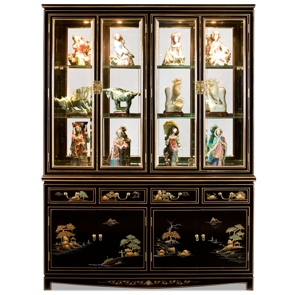 60in Black Lacquer Chinoiserie Oriental China Cabinet