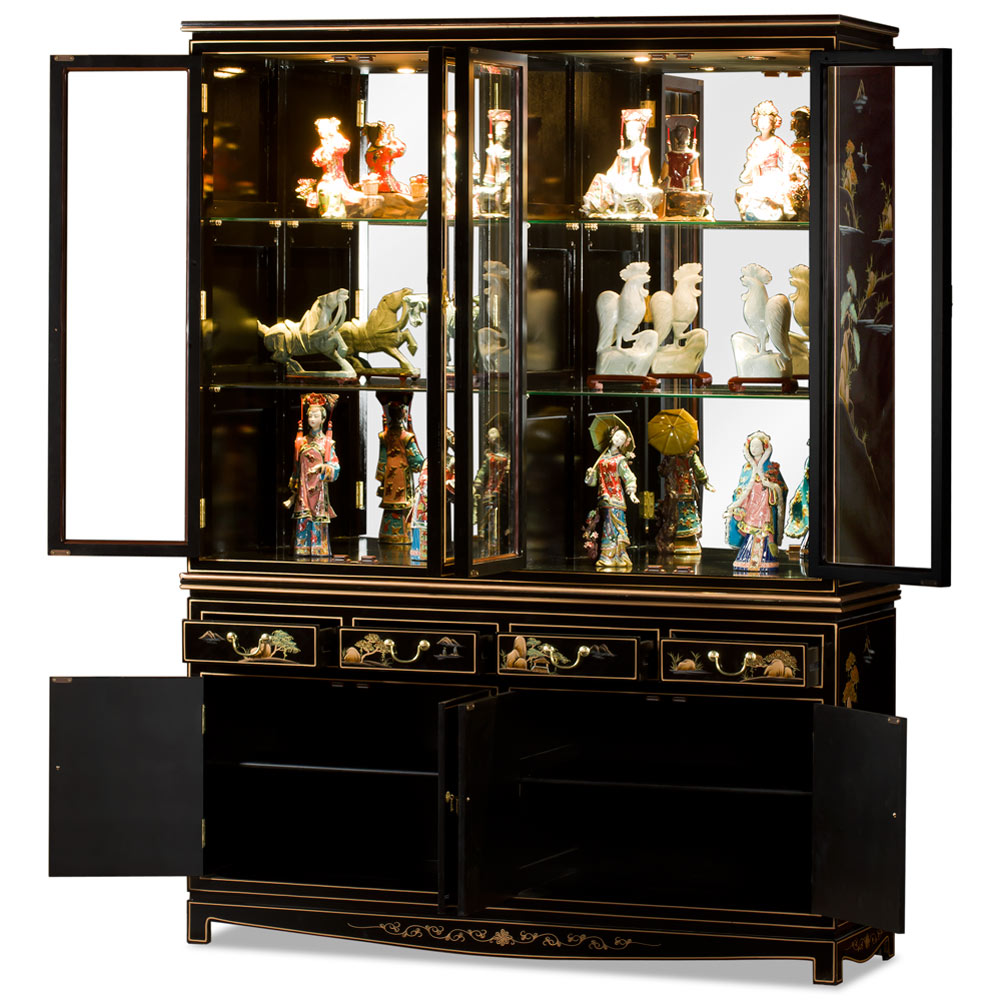 60in Black Lacquer Chinoiserie Oriental China Cabinet