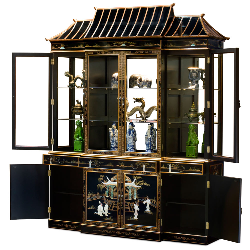 Black Lacquer Mother of Pearl Pagoda Oriental China Cabinet