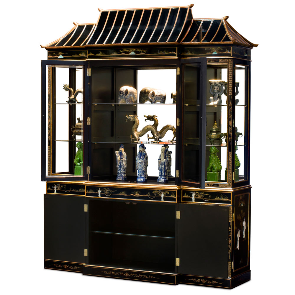 Black Lacquer Mother of Pearl Pagoda Oriental China Cabinet