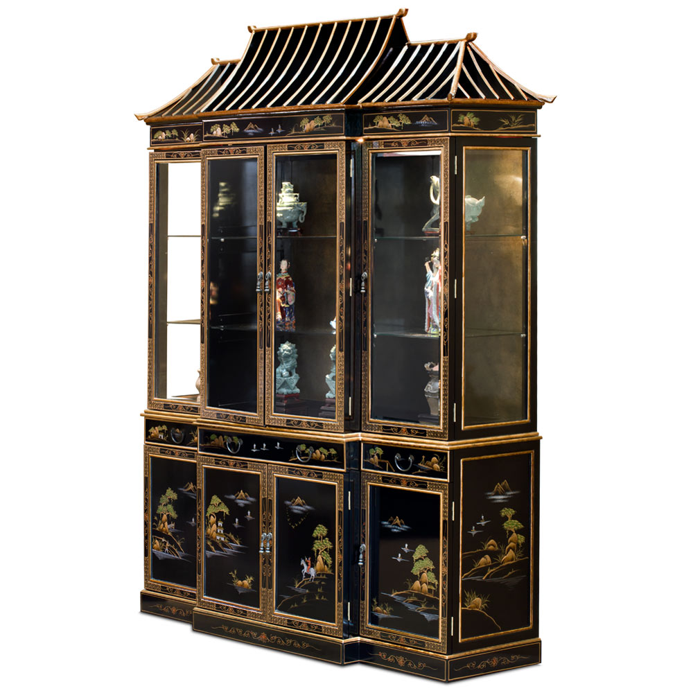 72in Black Lacquer Chinoiserie Pagoda Oriental China Cabinet