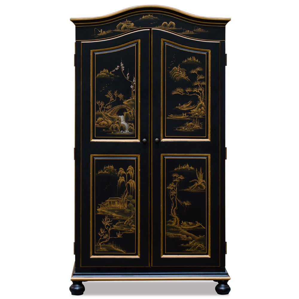 Hand Painted Chinoiserie Scenery Motif Oriental Armoire