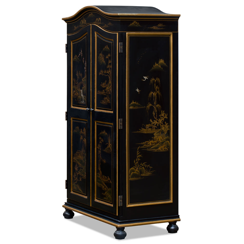 Hand Painted Chinoiserie Scenery Motif Oriental Armoire