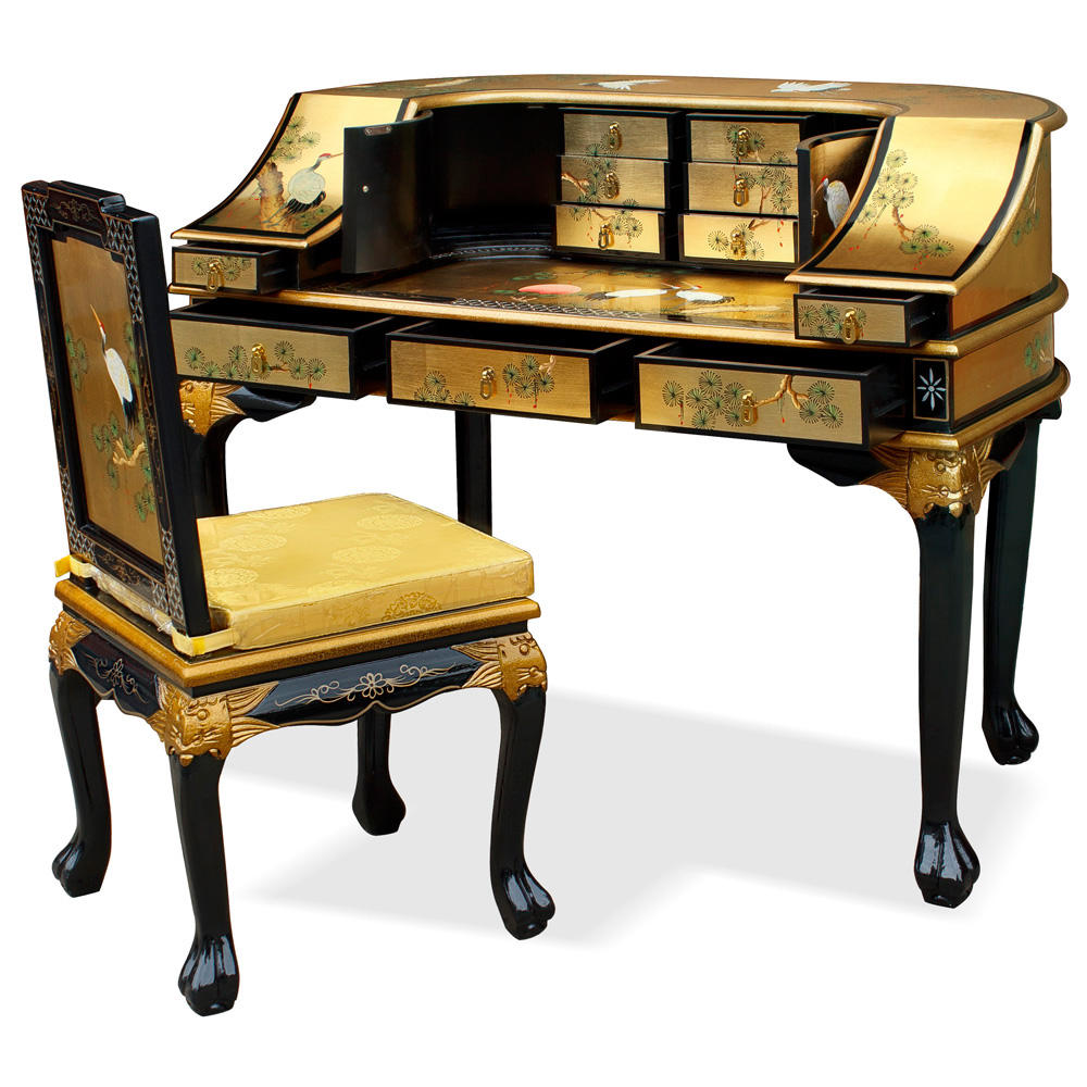 Gold Leaf Crane Harpsichord Style Oriental Desk Set