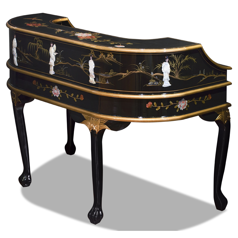 Black Lacquer Mother of Pearl Motif Harpsichord Style Oriental Desk Set