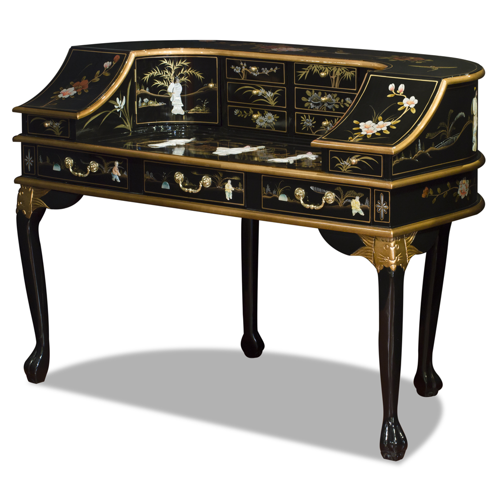 Black Lacquer Mother of Pearl Motif Harpsichord Style Oriental Desk Set