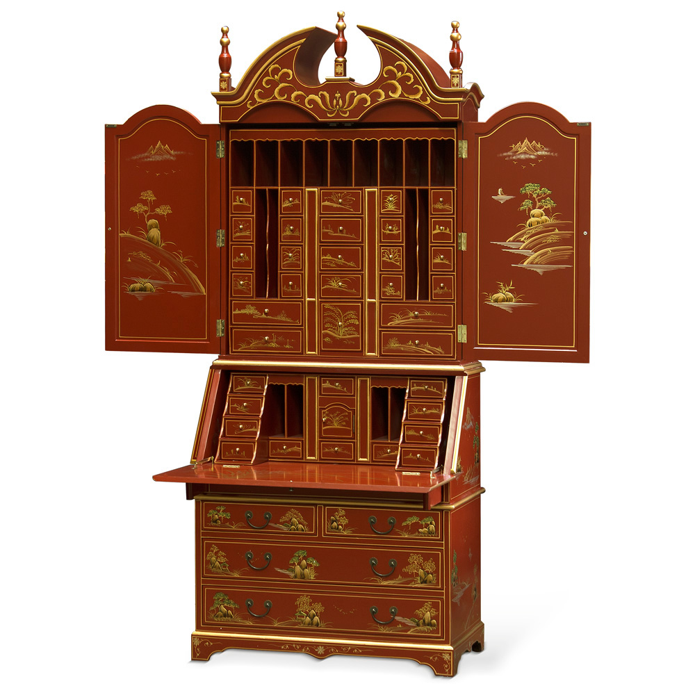 Chinoiserie Scenery French Motif Oriental Secretaire Desk