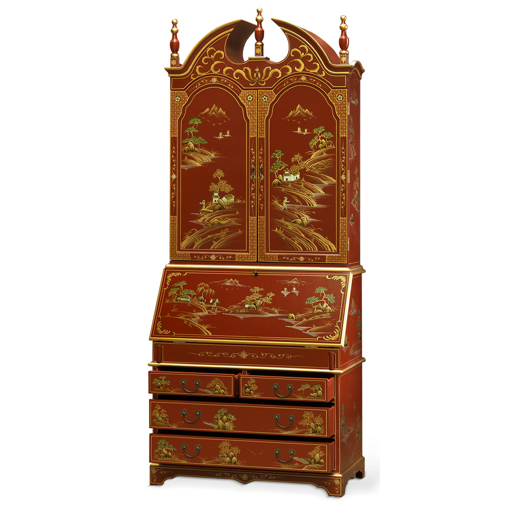 Chinoiserie Scenery French Motif Oriental Secretaire Desk