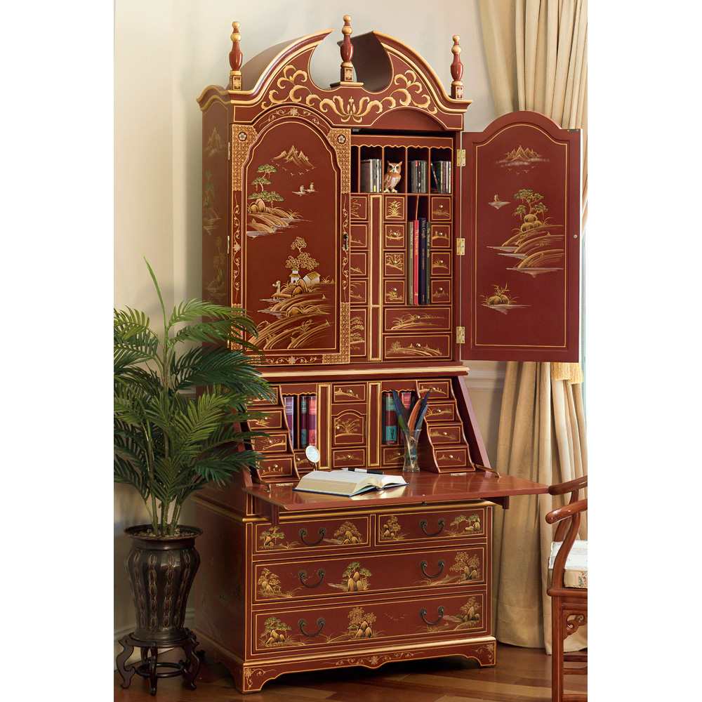 Chinoiserie Scenery French Motif Oriental Secretaire Desk