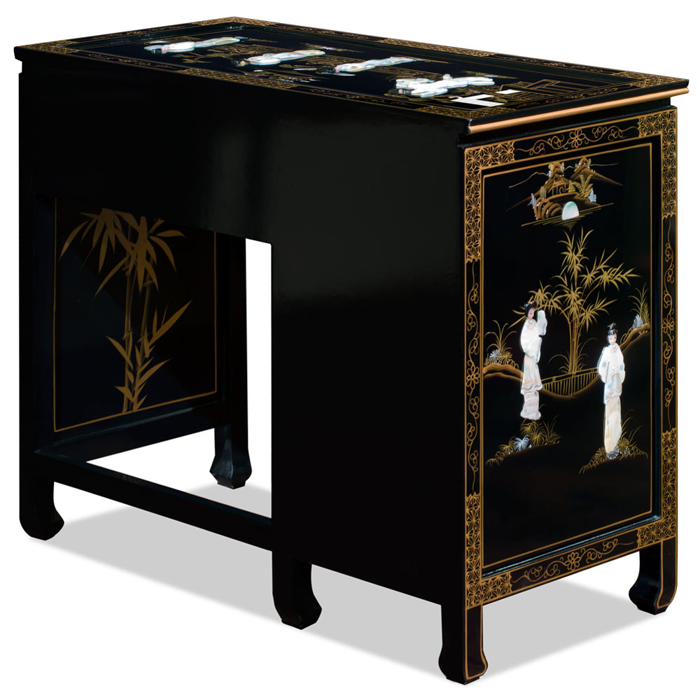 Black Lacquer Mother of Pearl Motif Petite Oriental Desk