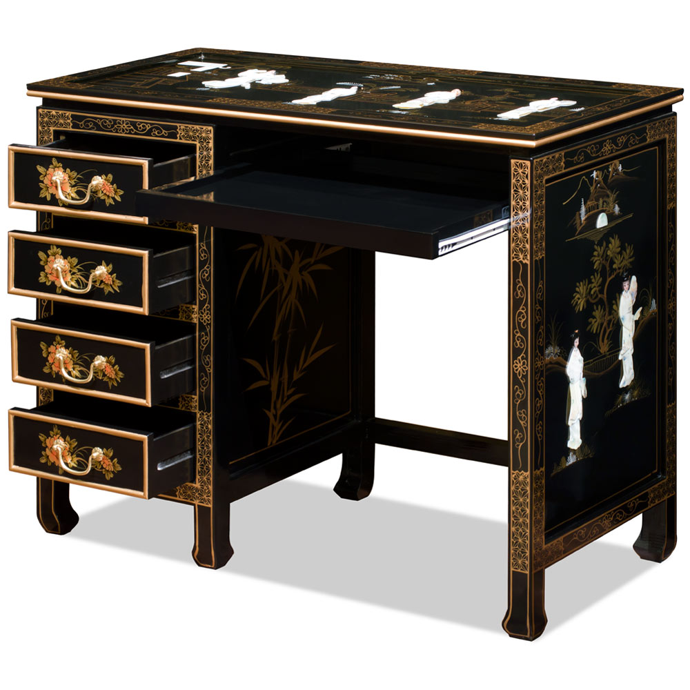 Black Lacquer Mother of Pearl Motif Petite Oriental Desk