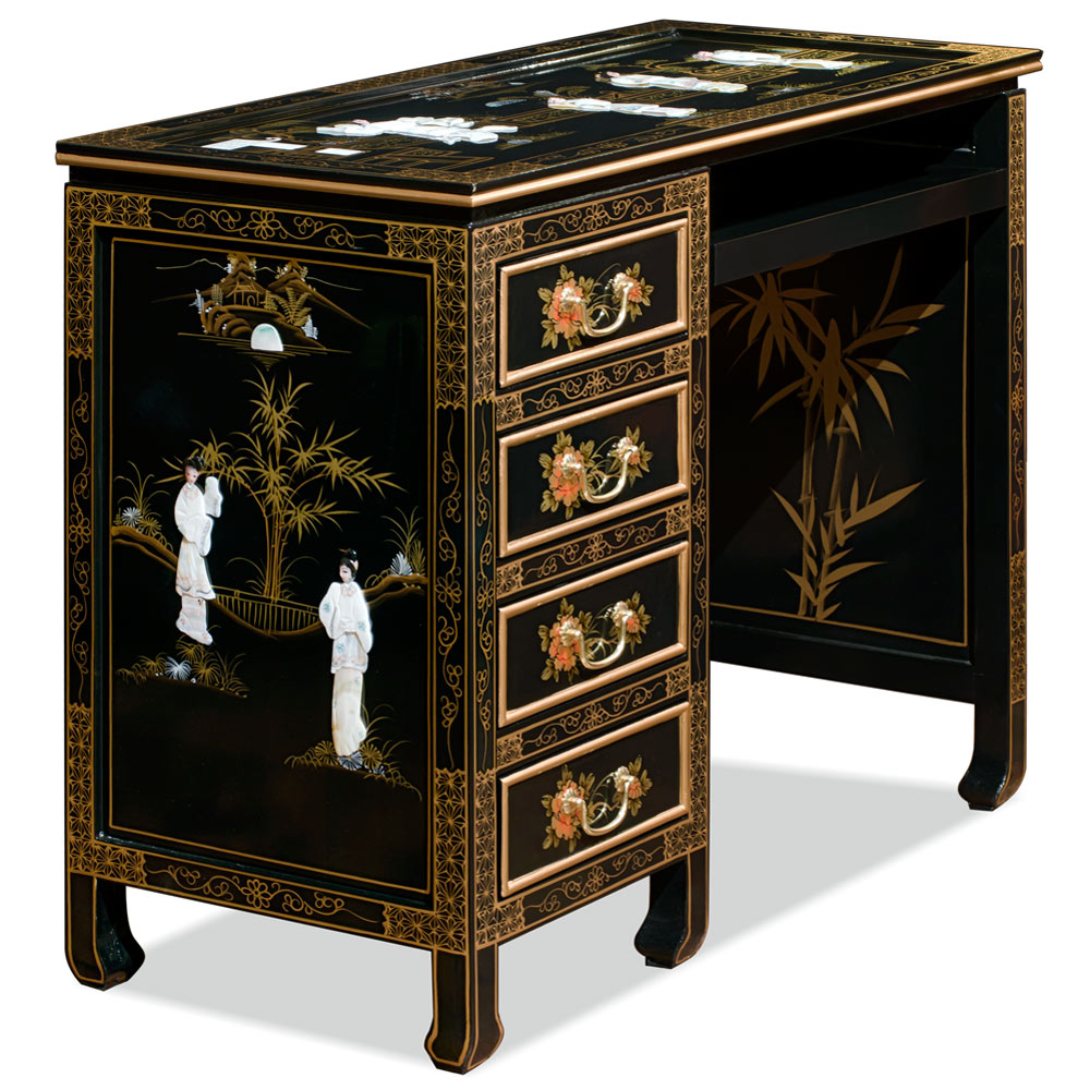 Black Lacquer Mother of Pearl Motif Petite Oriental Desk