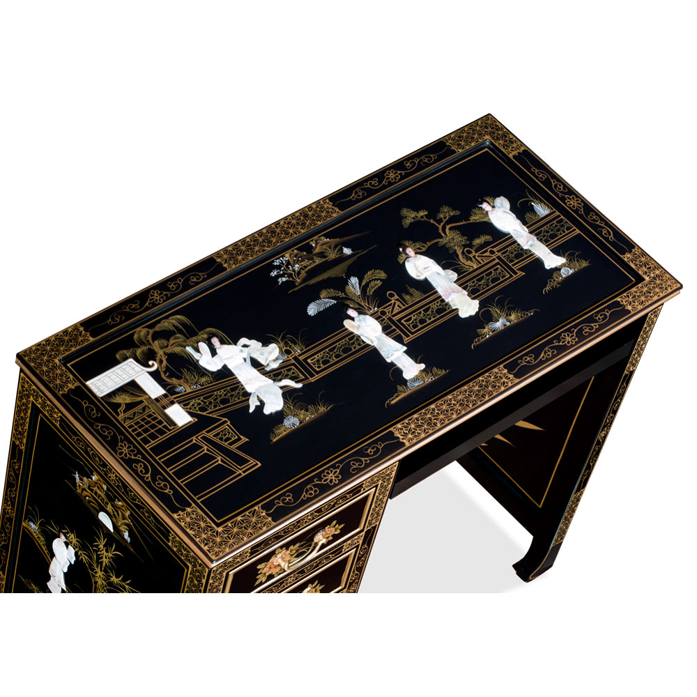 Black Lacquer Mother of Pearl Motif Petite Oriental Desk