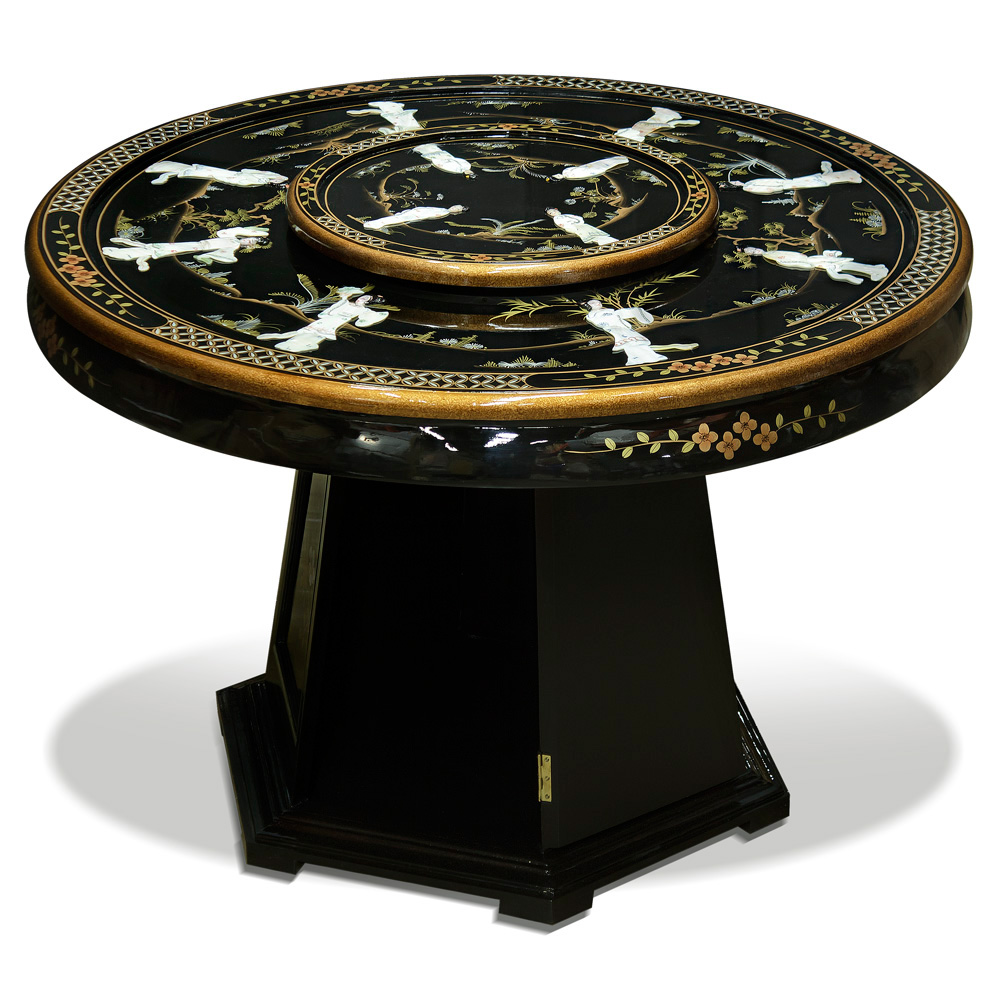 Black Lacquer Mother of Pearl Round Oriental Dining Set with 6 Chairs