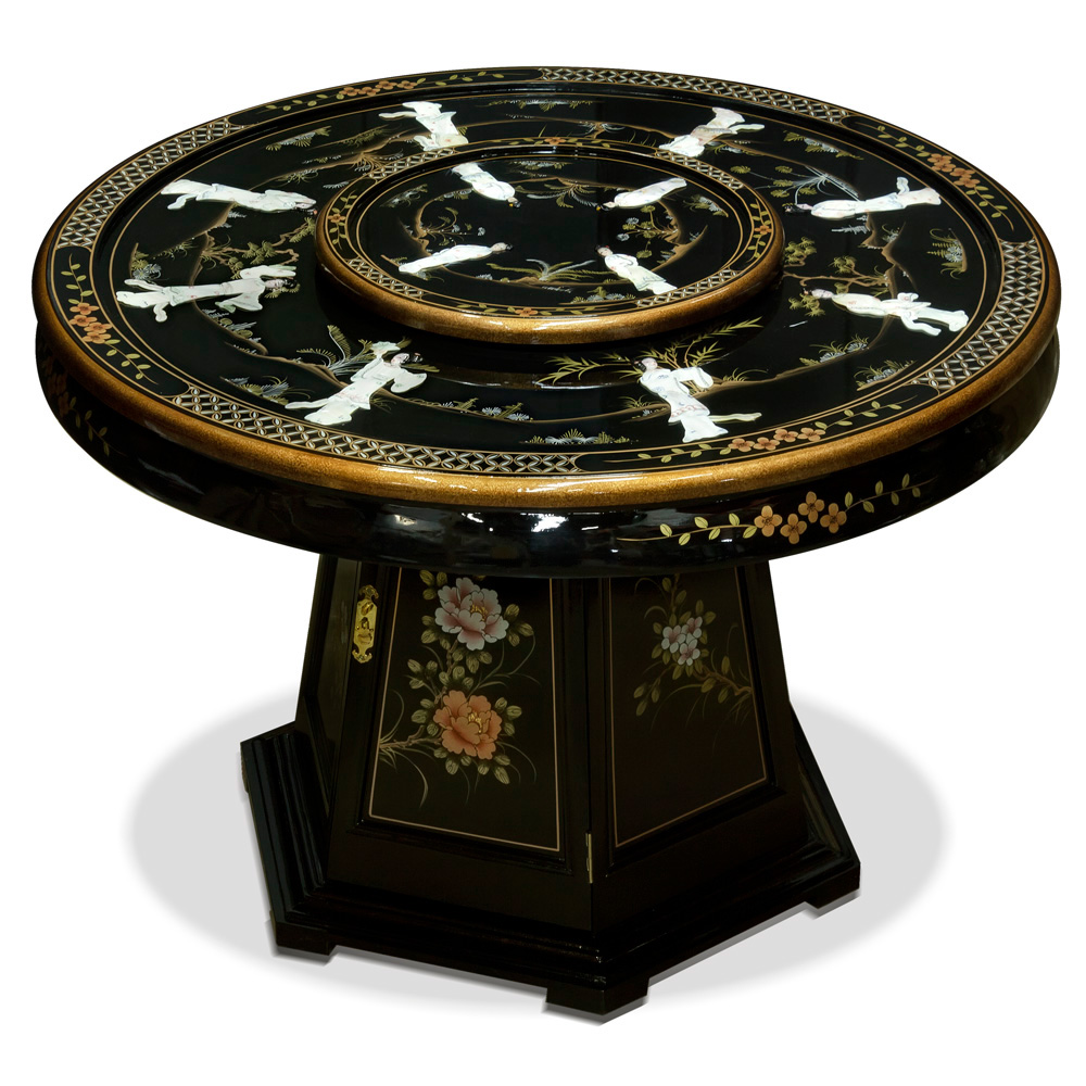 Black Lacquer Mother of Pearl Round Oriental Dining Set with 6 Chairs