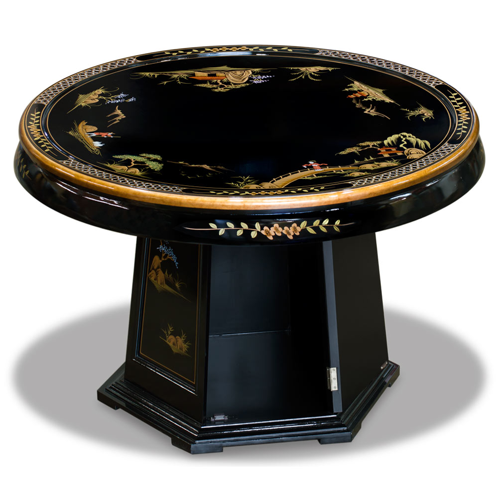 Black Lacquer Chinoiserie Round Oriental Dining Set with 6 Chairs