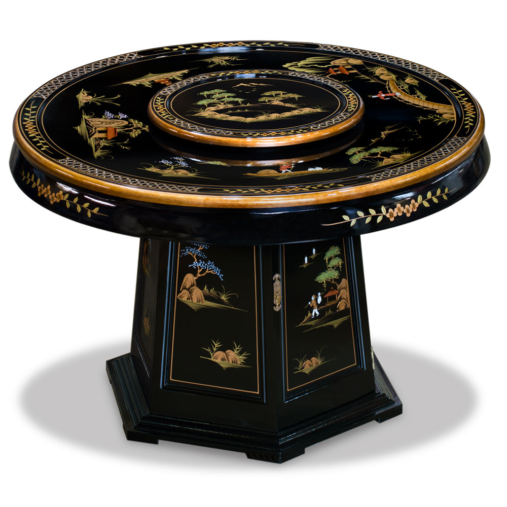 Black Lacquer Chinoiserie Round Oriental Dining Set with 6 Chairs