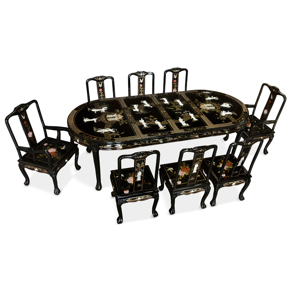 Black Lacquer Mother of Pearl Oval Oriental Dining Set with 8 Chairs