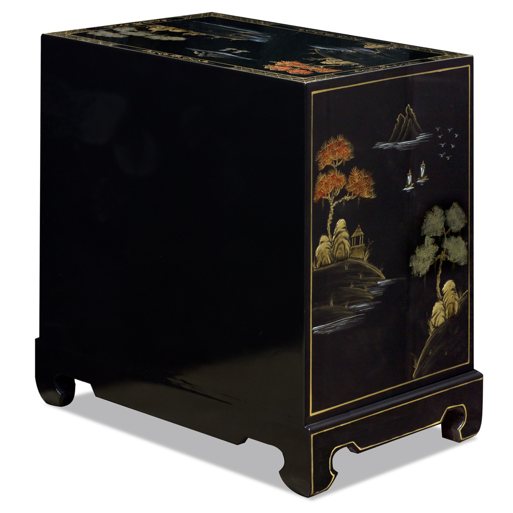 Black Lacquer Chinoiserie Scenery Motif Oriental Chest