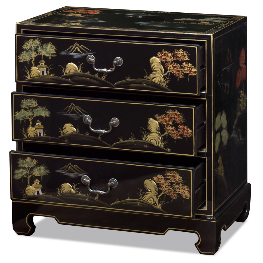 Black Lacquer Chinoiserie Scenery Motif Oriental Chest