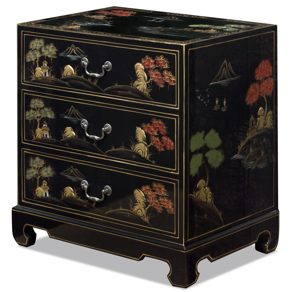 Black Lacquer Chinoiserie Scenery Motif Oriental Chest