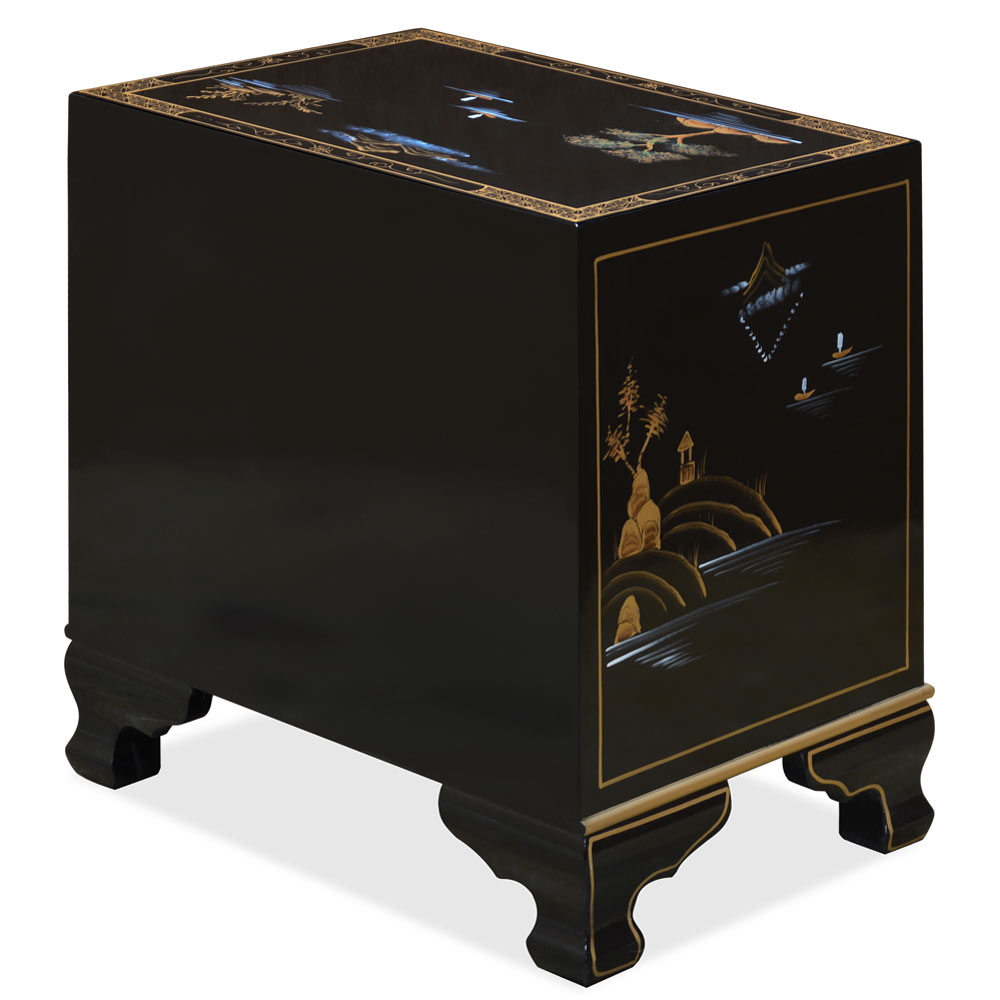 Black Lacquer Chinoiserie with Mother of Pearl Oriental Accent Cabinet