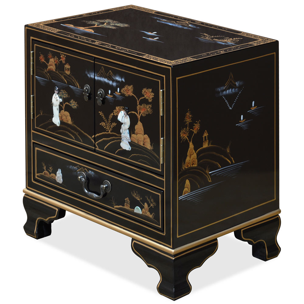 Black Lacquer Chinoiserie with Mother of Pearl Oriental Accent Cabinet