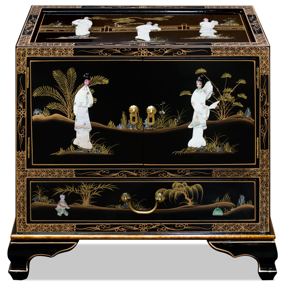 Black Lacquer Mother of Pearl Oriental Accent Cabinet