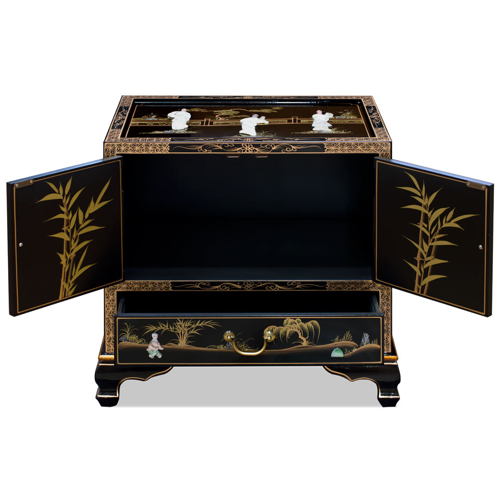 Black Lacquer Mother of Pearl Oriental Accent Cabinet