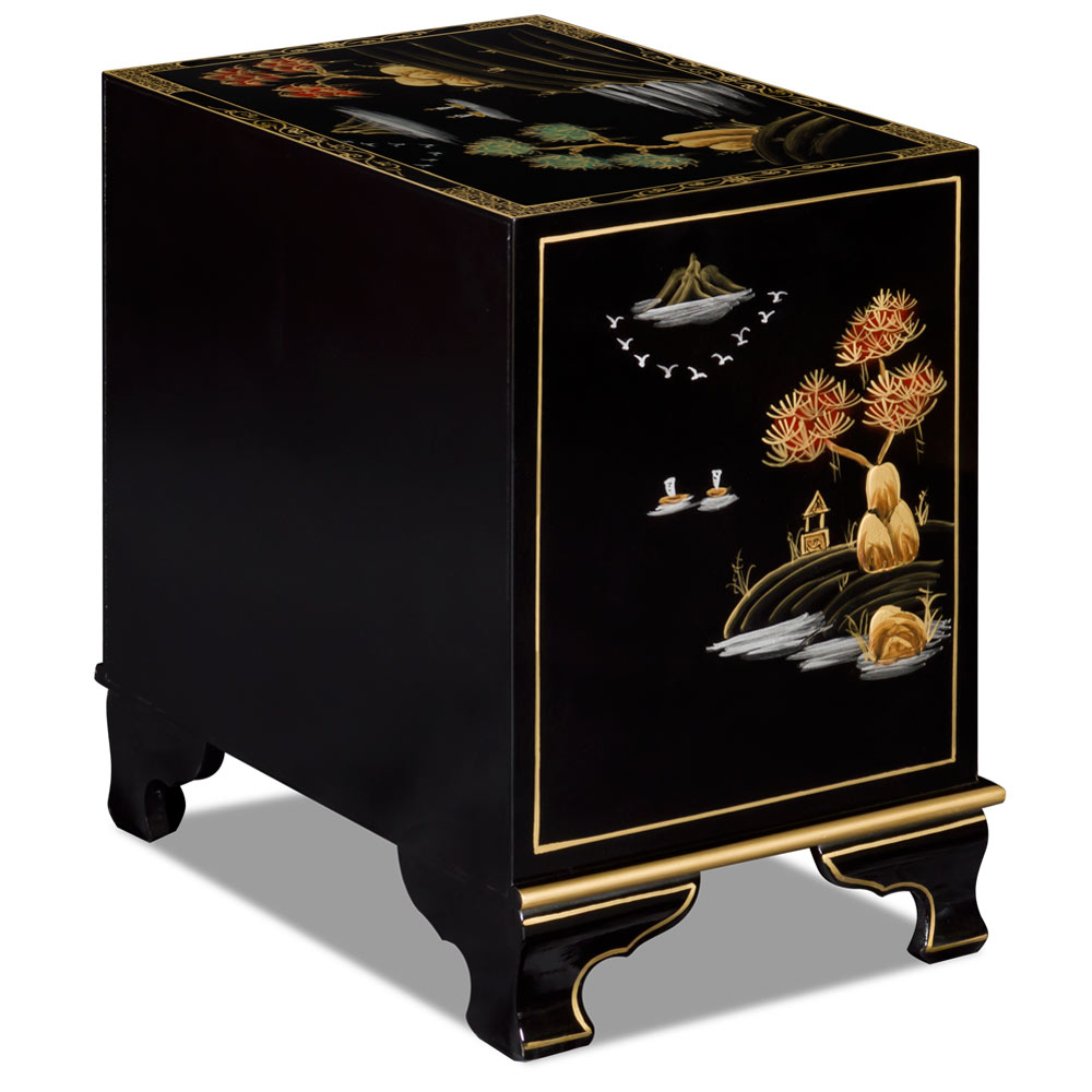 Black Chinoiserie Scenery Motif Oriental Accent Cabinet