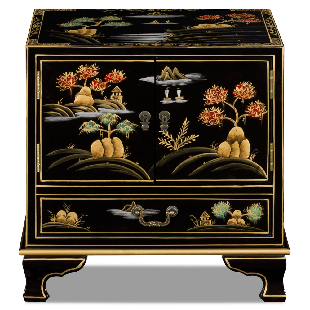 Black Chinoiserie Scenery Motif Oriental Accent Cabinet