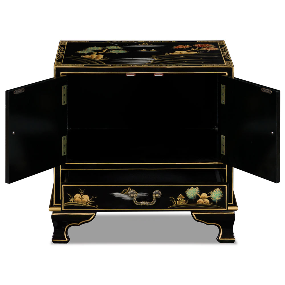 Black Chinoiserie Scenery Motif Oriental Accent Cabinet