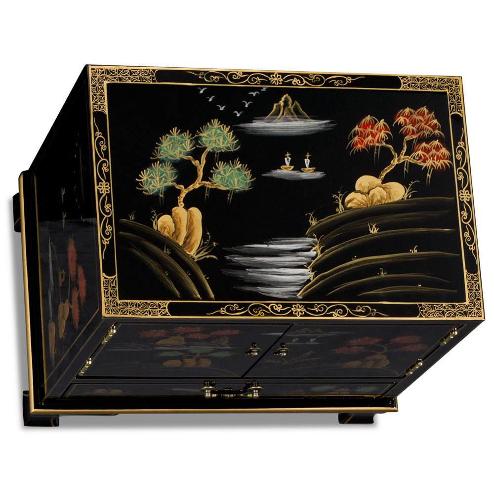 Black Chinoiserie Scenery Motif Oriental Accent Cabinet