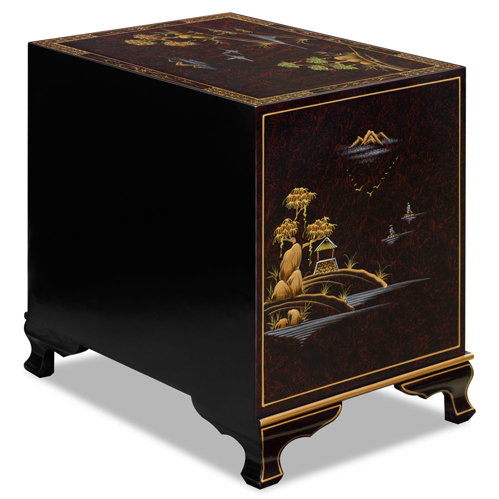 Maroon Chinoiserie Scenery Motif Oriental Accent Cabinet