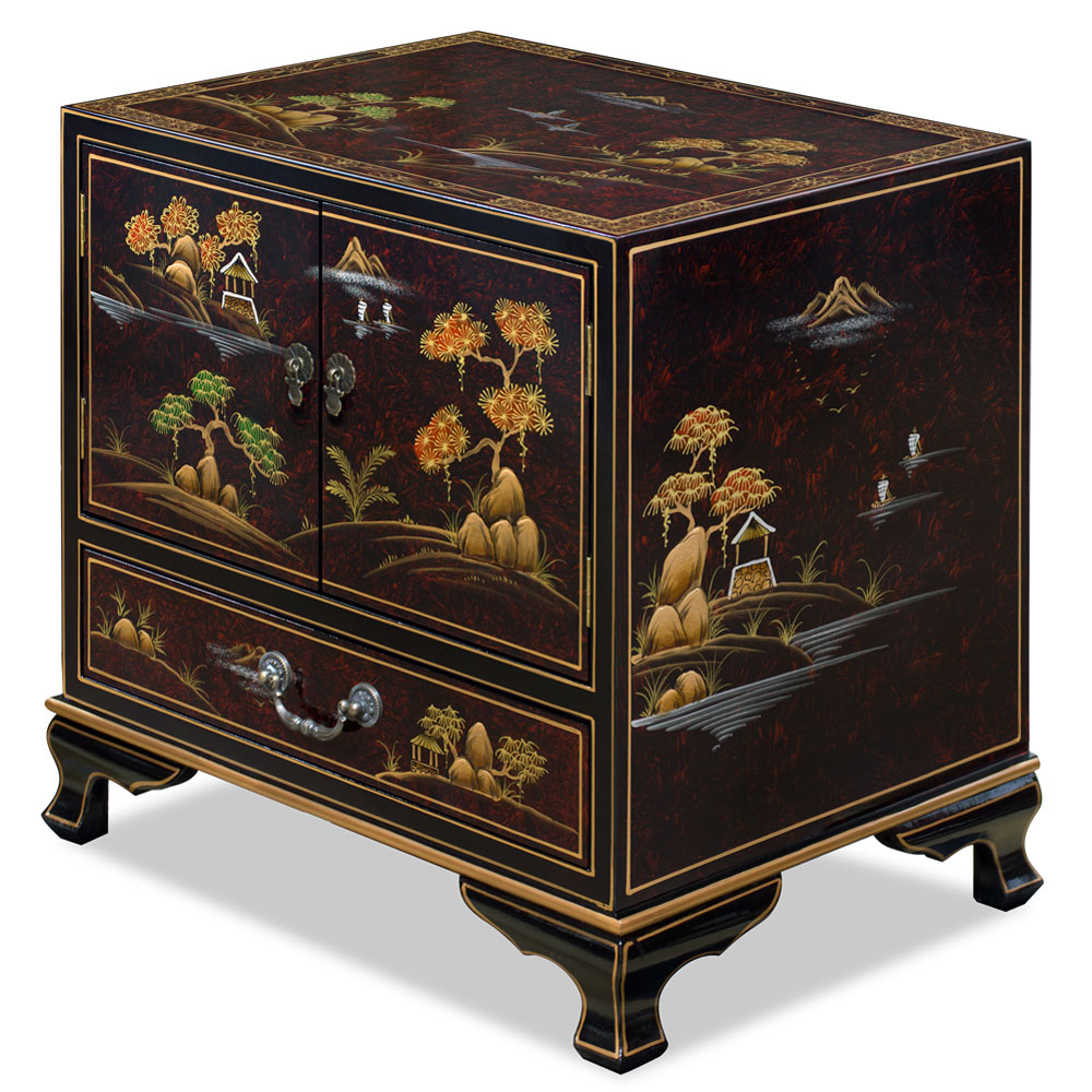 Maroon Chinoiserie Scenery Motif Oriental Accent Cabinet