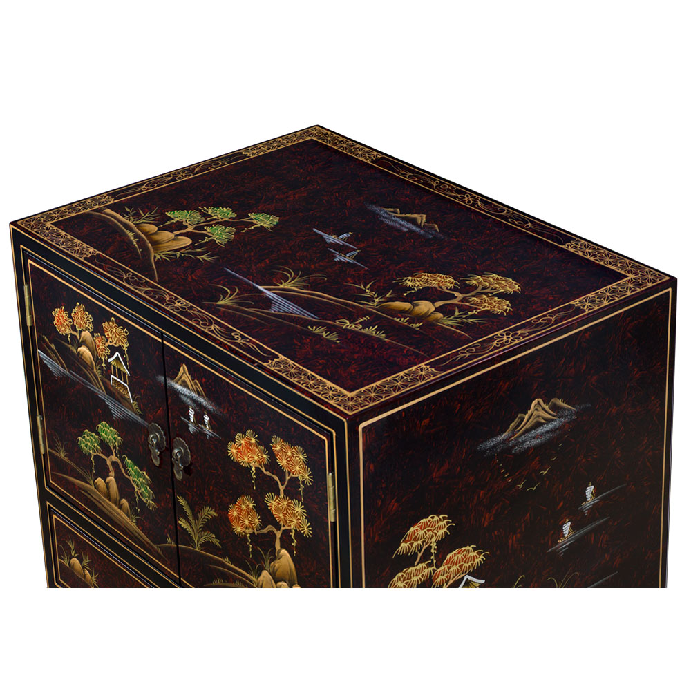 Maroon Chinoiserie Scenery Motif Oriental Accent Cabinet