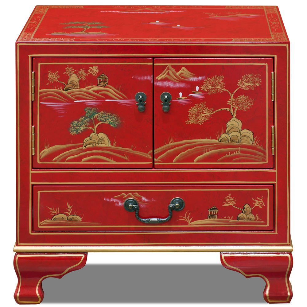 Hand Painted Chinoiseries Scenery Motif Oriental Accent Cabinet