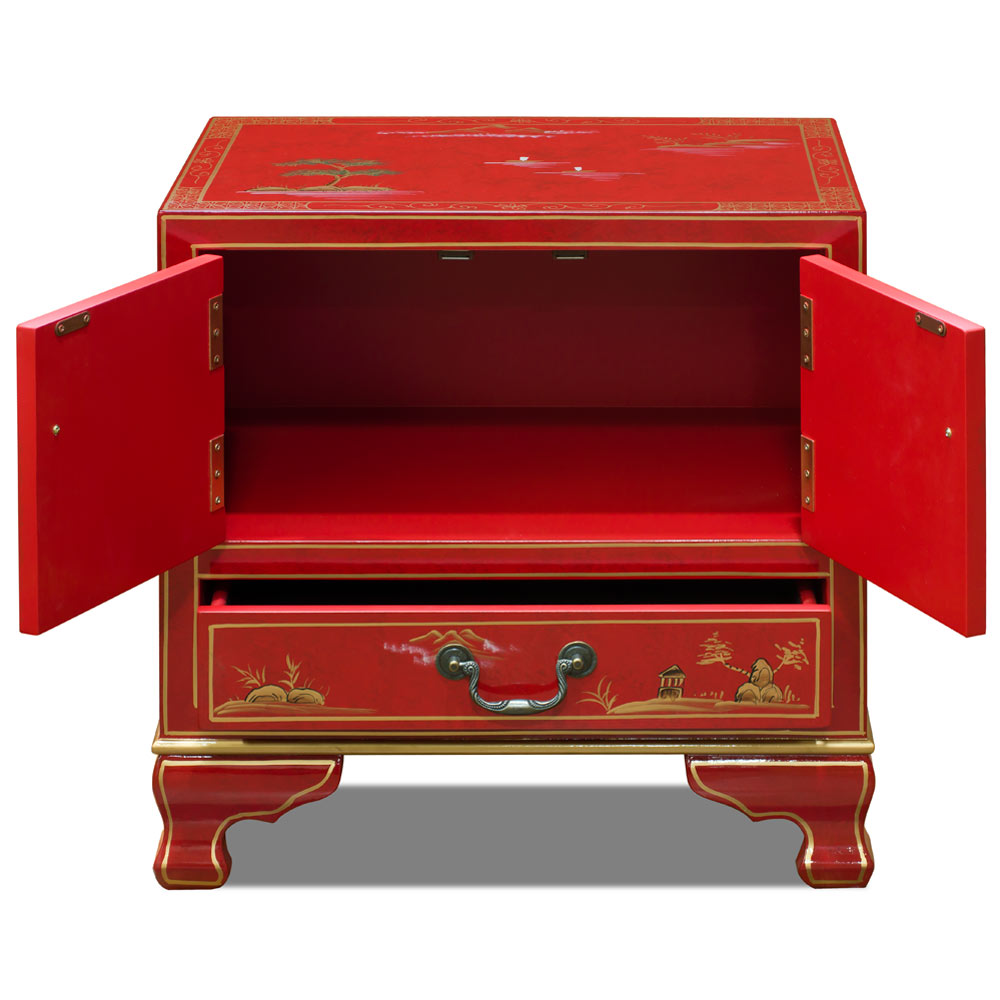 Hand Painted Chinoiseries Scenery Motif Oriental Accent Cabinet