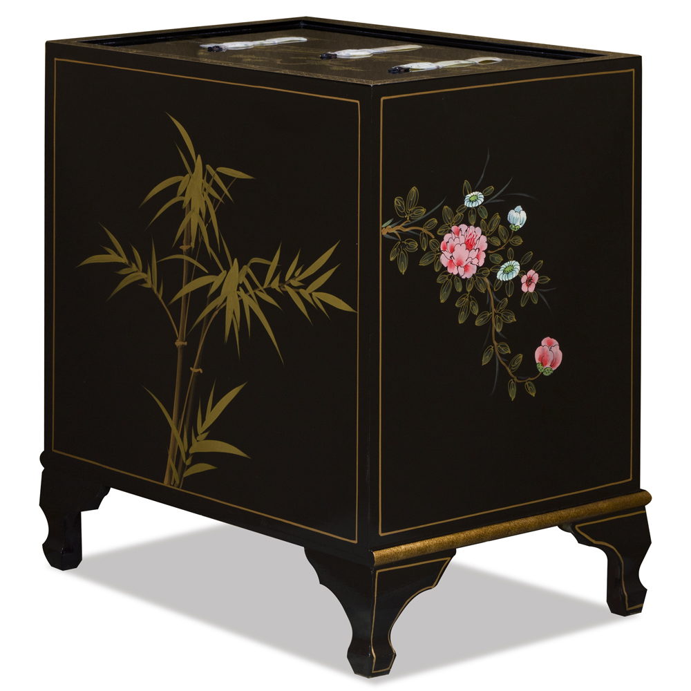 Black Lacquer Mother of Pearl Asian Nightstand