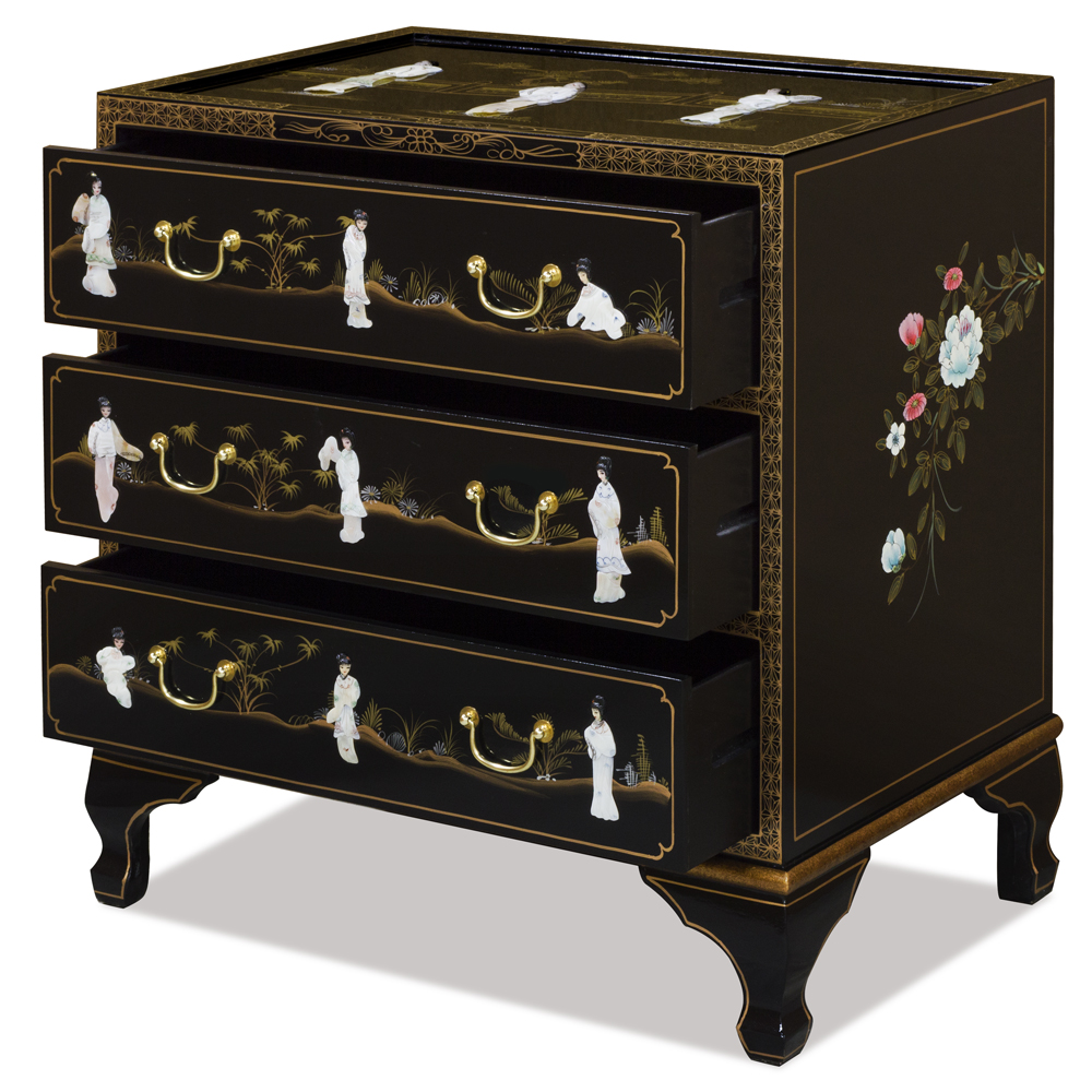 Black Lacquer Mother of Pearl Asian Nightstand