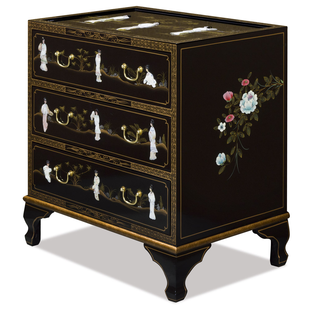 Black Lacquer Mother of Pearl Asian Nightstand