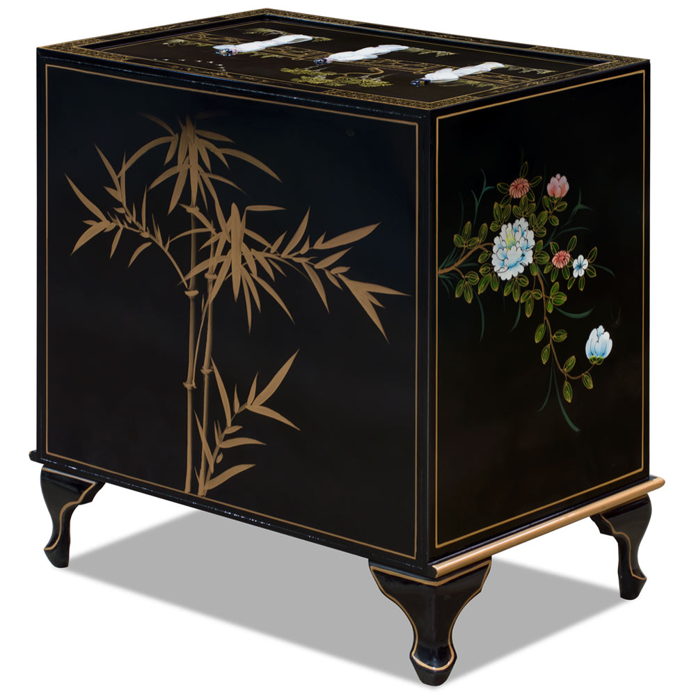 Black Lacquer Mother of Pearl Asian Nightstand