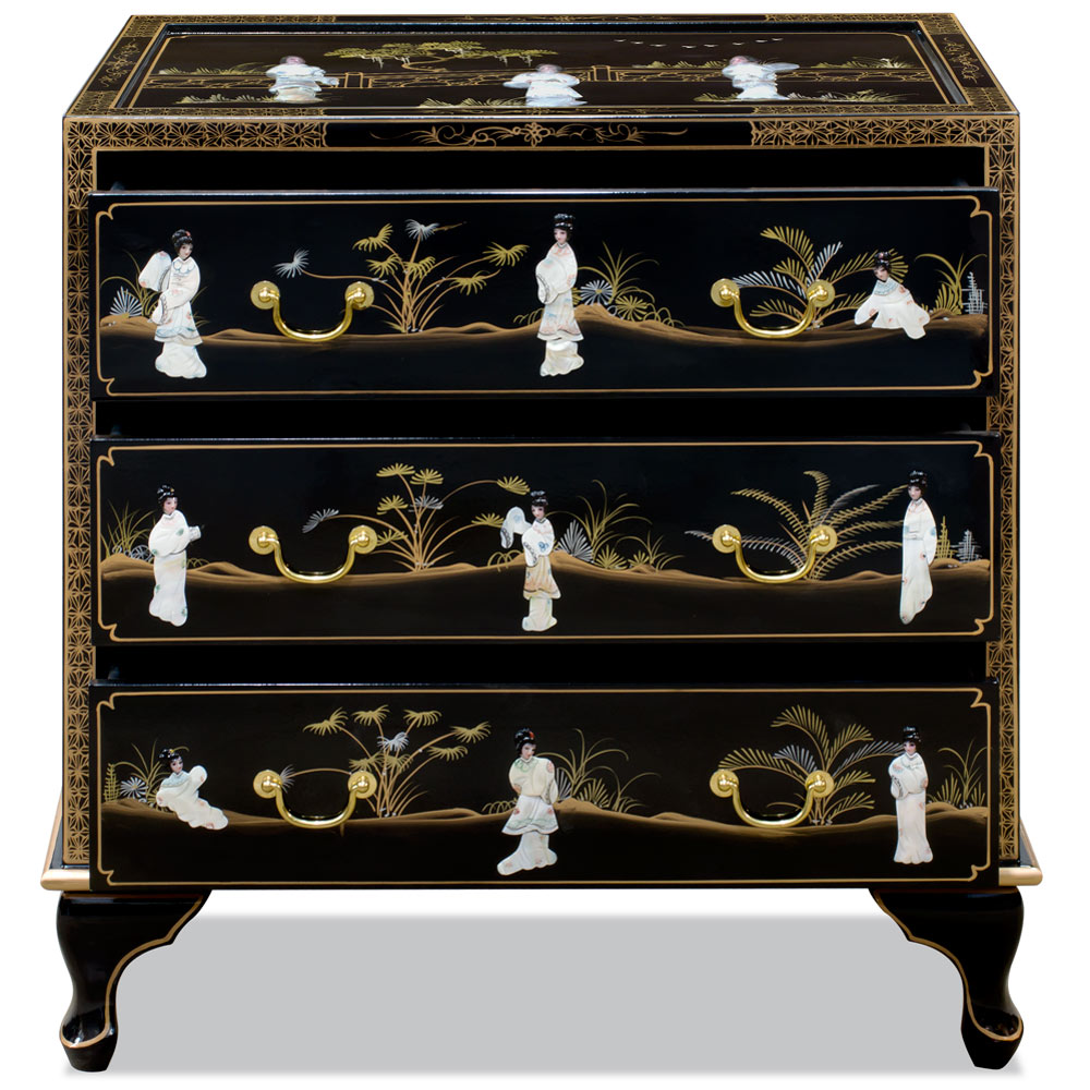 Black Lacquer Mother of Pearl Asian Nightstand