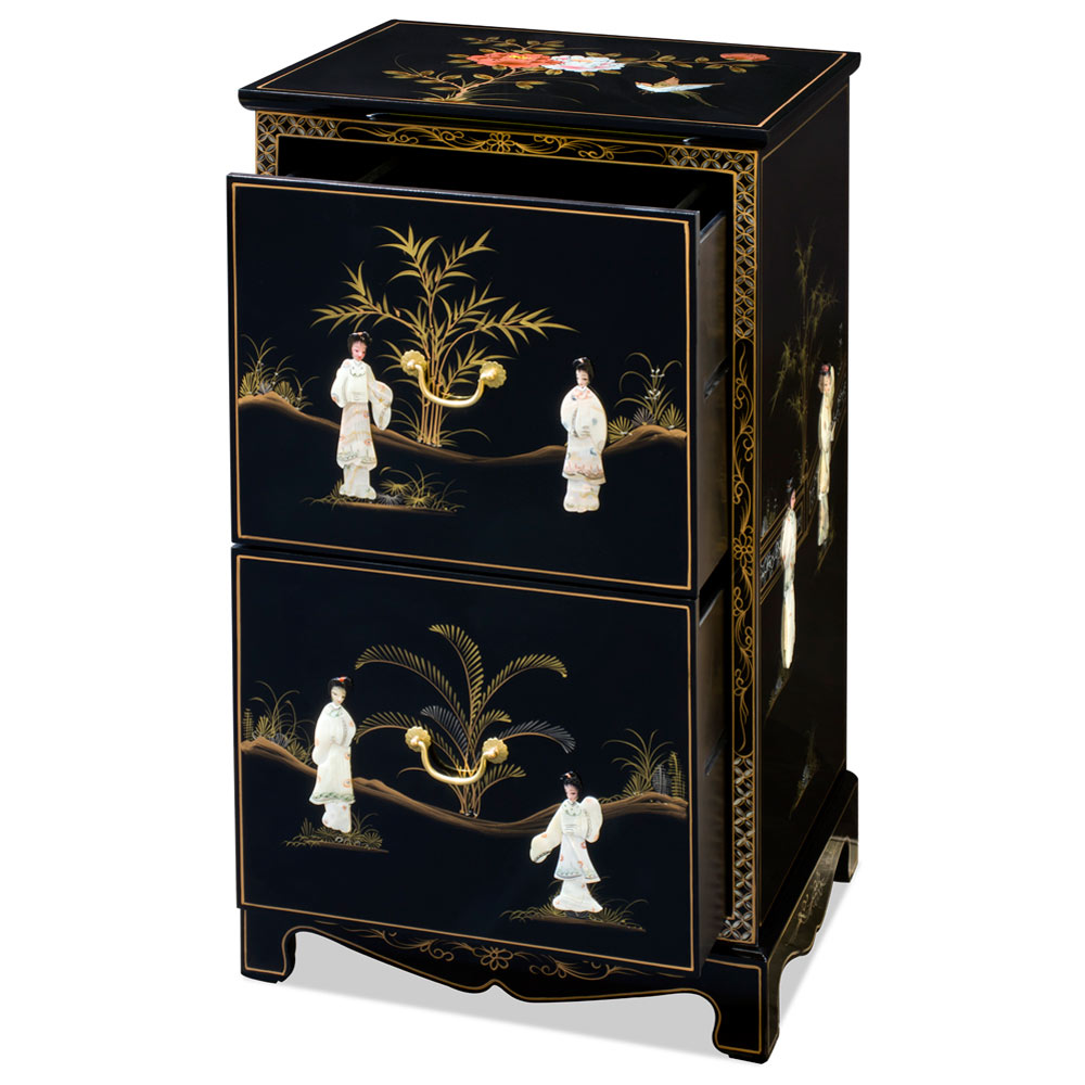 Black Lacquer Mother of Pearl 2 Drawer Oriental File Cabinet