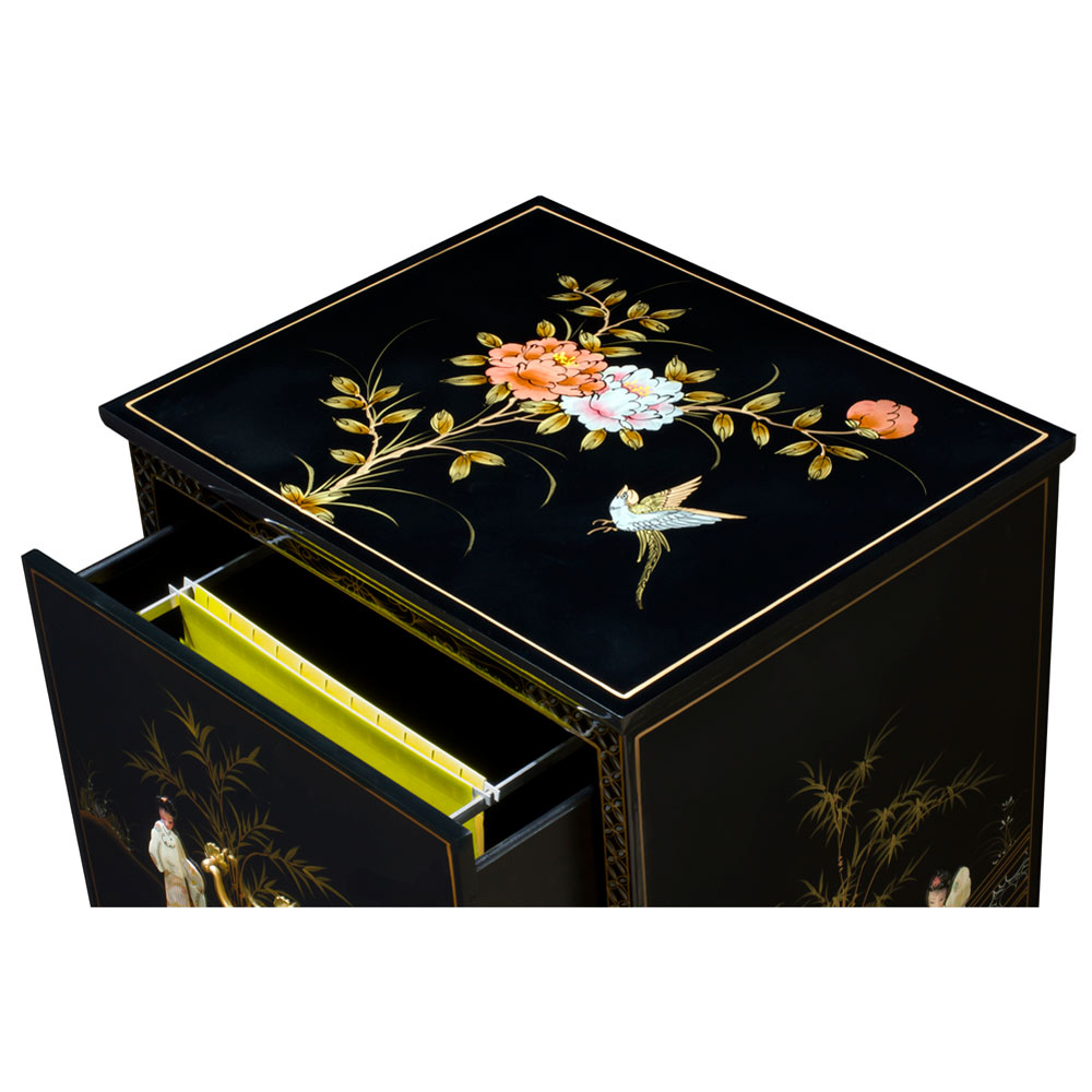 Black Lacquer Mother of Pearl 2 Drawer Oriental File Cabinet