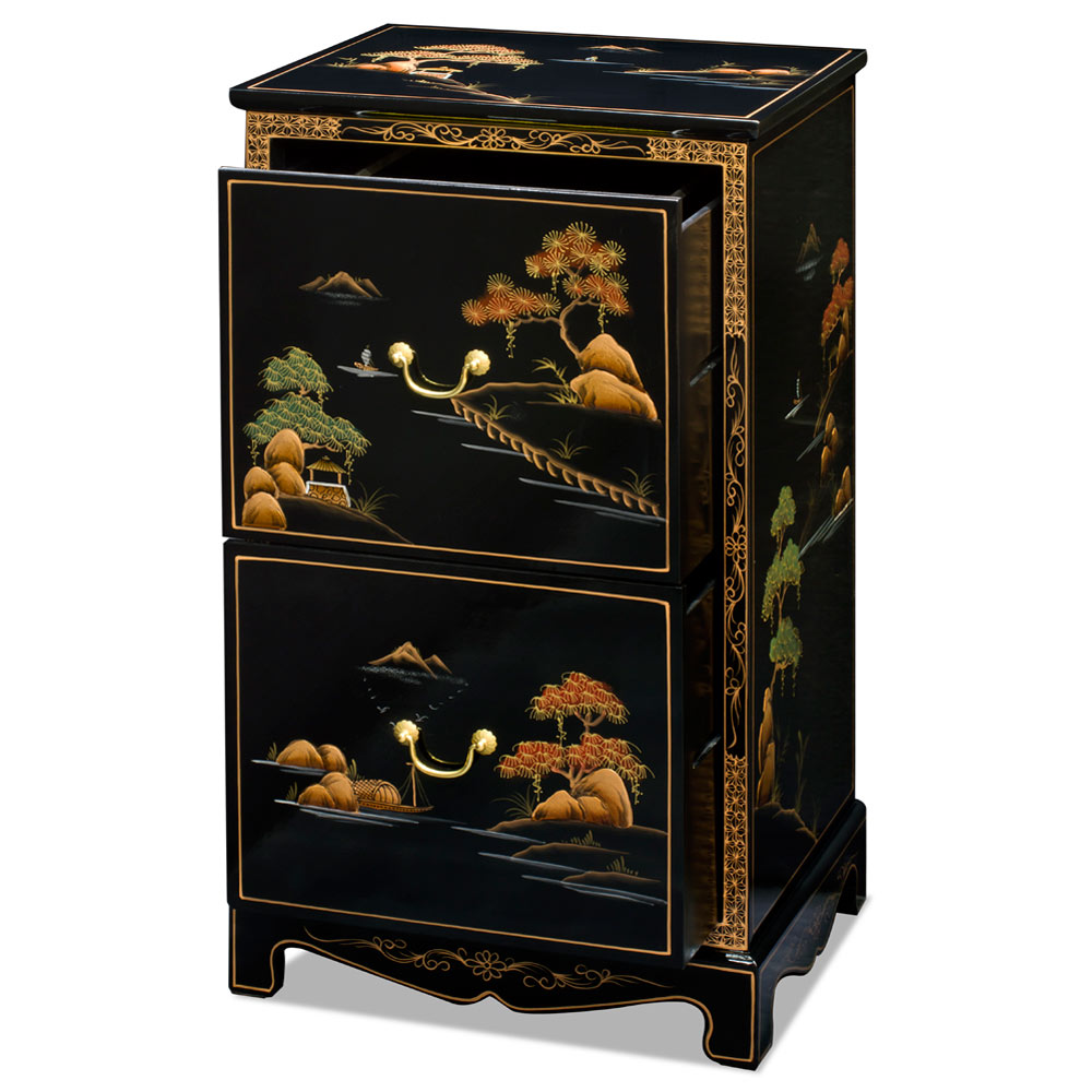 Chinoiserie Scenery Motif 2 Drawer Oriental File Cabinet