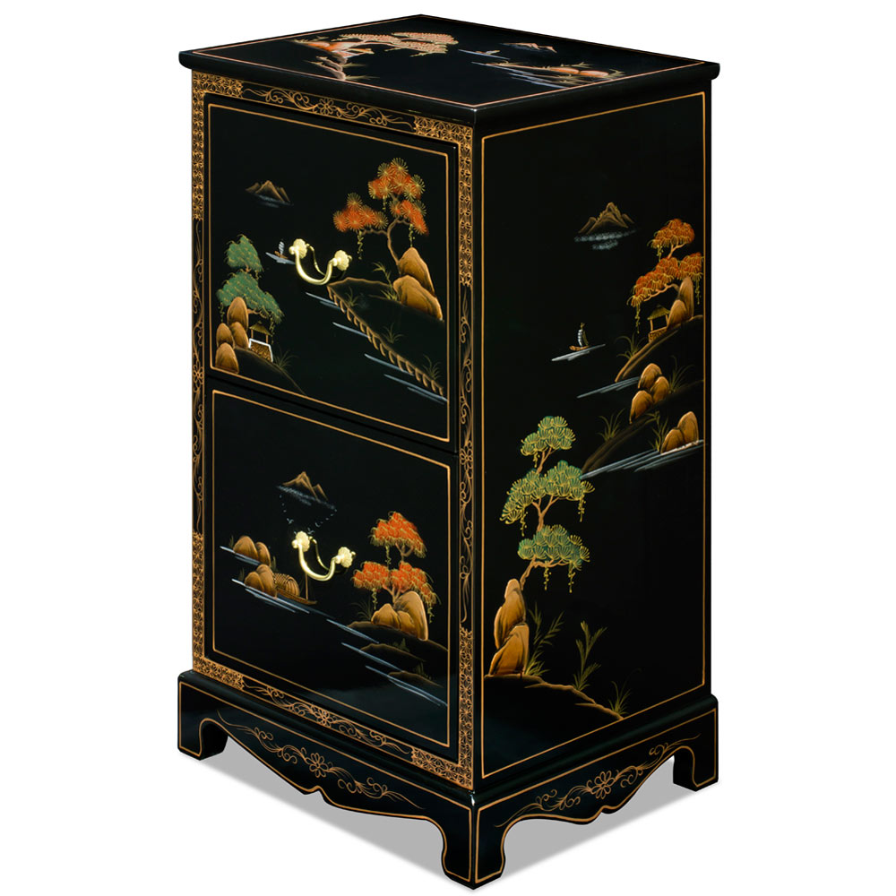 Chinoiserie Scenery Motif 2 Drawer Oriental File Cabinet